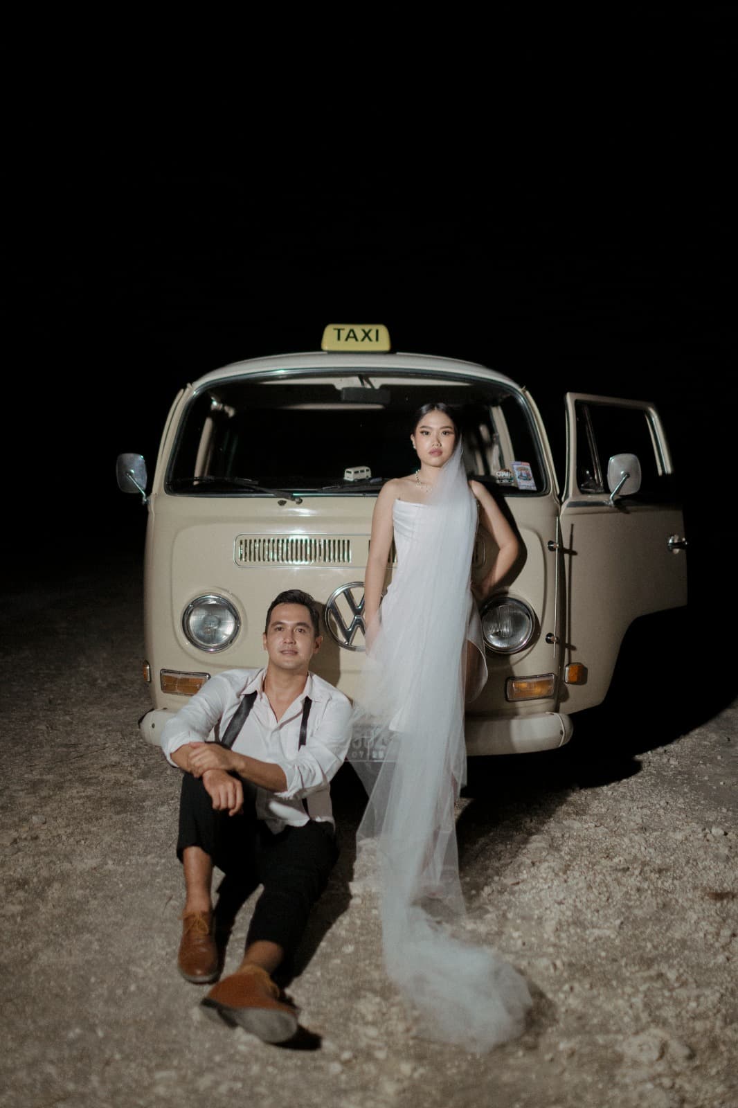 Dramatic Night Portrait with Vintage Van